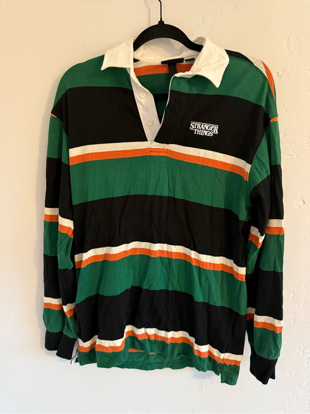 Stranger Things HM Collab Rugby Stripe Long Sleeve Polo Green/Black/Orange/White